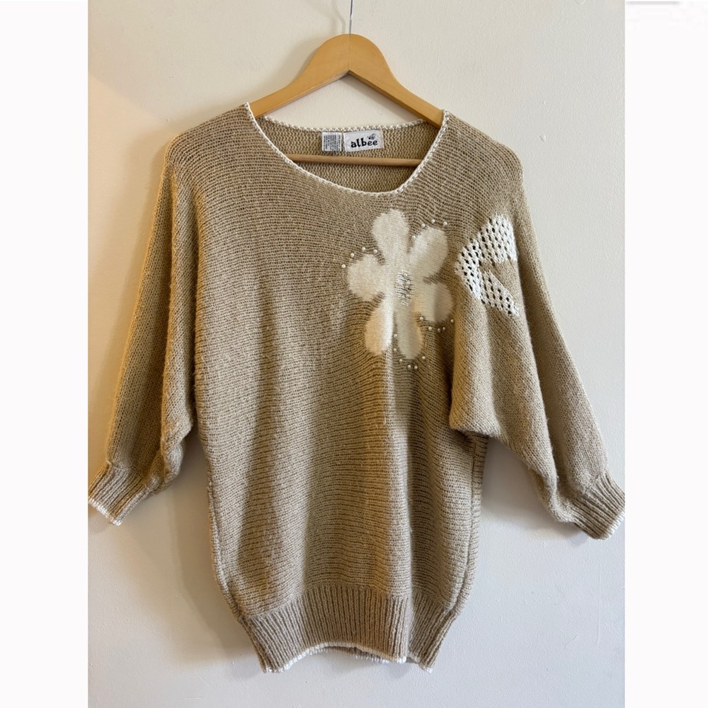 Vintage Albee Angora Blend Oversized Sweater Womens Large Beige Beaded Floral - Picture 2 of 10